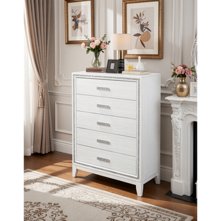 Sunvega White Finish Transitional Glam Nightstand with Spacious 2-Drawer Storage