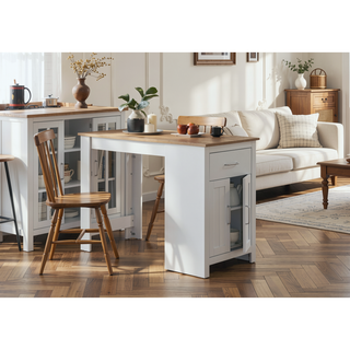Sunvega 47 Inch Oak and White Small Space Counter Height Dining Table with Cabinet and Drawer Storage