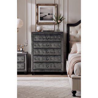 Sunvega Sophia Cream Velvet Upholstered Crystal Tufted 5-Drawer Chest for Bedroom