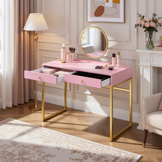 Sunvega White and Gold Vanity Desk with Mirror and Jewelry Storage Tray
