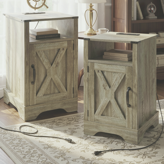 Sunvega White & Oak Farmhouse Nightstand with Electrical Outlets Charging Station and Storage