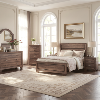 Sunvega Mid-Century Modern 5-Drawer Chest in Washed Taupe with Oak Grain and Metallic Pulls