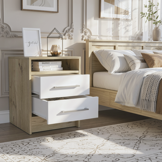 Sunvega Light Oak and White 2-Drawer 1-Shelf Rectangle Nightstand