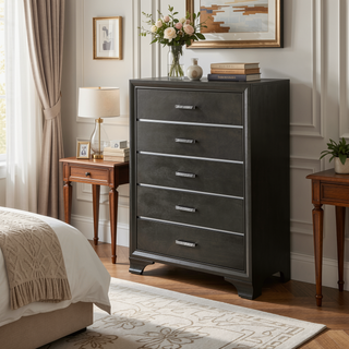 Sunvega Gray Finish Chest with Five Drawers and Sleek Modern Handles