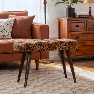 Sunvega Solid Wood Leopard Print Deep Button Upholstered Bench in Brown