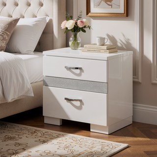 Sunvega White High Gloss Finish Nightstand with Three Felt-Lined Drawers and Metal Handles