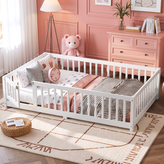 Sunvega Twin Size Floor Bed with Safety Guardrails and Door for Kids in Natural
