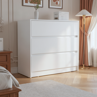 Sunvega White Three Drawer Dresser with Pull Out Mechanism and Metal Rails