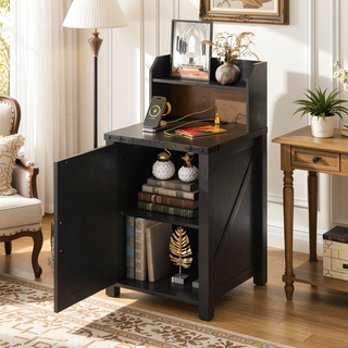 Sunvega Farmhouse Nightstand with Charging Station and Adjustable Shelf for Living Room Bedroom