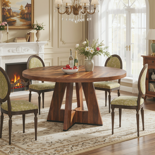 Sunvega 47 Inch Round Wood Dining Table with Walnut Finish for 4-6 Seating
