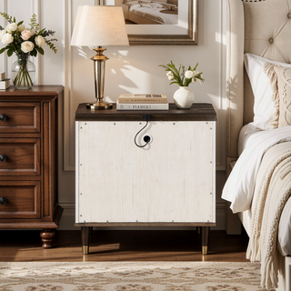 Sunvega Modern White and Brown Nightstand with 2 Slatted Drawers and USB Port