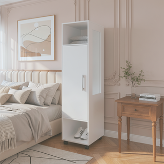 Sunvega White 1-Door Wardrobe with Mirror and Open Storage for Smaller Bedroom