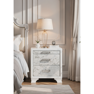 Sunvega Modern White Nightstand with Marble Accent Drawers and Silver Handles
