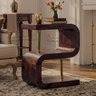 Sunvega Solid Mango Wood Modern Art End Table with 2 Brass Bars