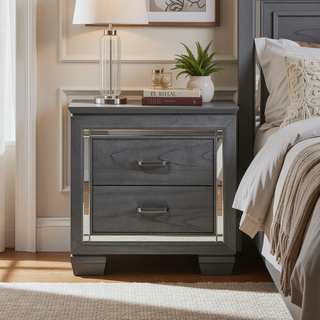 Sunvega Silver Faux Alligator Embossed Nightstand with 2 Dovetail Drawers and LED Lighting