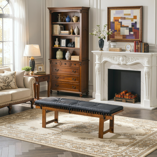 Sunvega Black PU Leather Upholstered Lucia Bench with Solid Teak Wood Legs