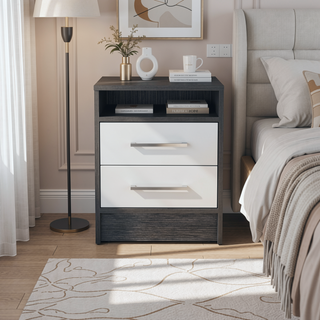Sunvega Smokey Oak and White Finish Nightstand with Two Drawers and Open Shelf