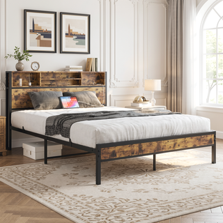 Sunvega Twin Size Bed Frame with Storage Headboard, Charging Station, and Bookcase
