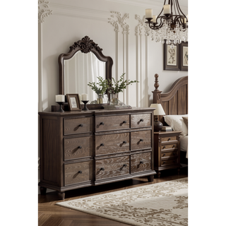 Sunvega Weathered Oak Finish Dresser with Nine Spacious Drawers and Felt-Lined Top