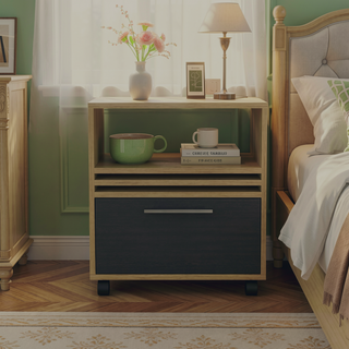 Sunvega Contemporary Light Oak and Black Nightstand with Caster Wheels