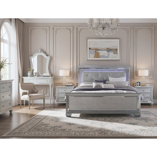 Sunvega Silver Faux Alligator Embossed Nightstand with 2 Dovetail Drawers and LED Lighting