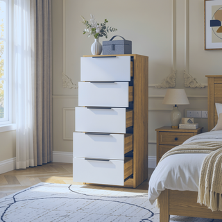 Sunvega White Pine Modern Vertical Five Drawer Dresser for Narrow Spaces