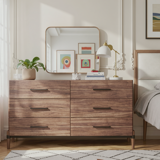 Sunvega Walnut Finish Six Drawer Dresser with Antique Bronze Hardware and Metal X Base