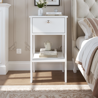 Sunvega Modern White Nightstand with Dual Drawers and Open Shelf for Bedroom