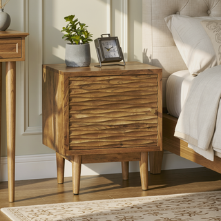 Sunvega Handcrafted Acacia Wood Boho Nightstand with One-Door Cabinet Storage