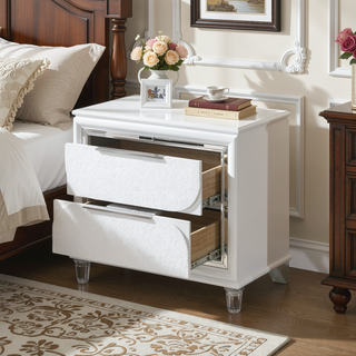 Sunvega Pearl White Nightstand with Acrylic Crystal Legs and Two Deep Storage Drawers