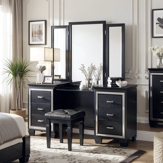 Sunvega Modern Glam Silver Finish Tufted Faux Leather Vanity Stool with Foam Cushion