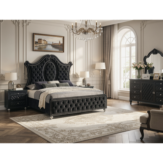 Sunvega Black Glam Nightstand with Velvet Tufted Drawers and Faux Crystal Knobs