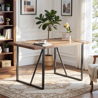 Sunvega Rustic Industrial Rectangular Wood Dining Table for 4-6 Person with Black Metal Legs