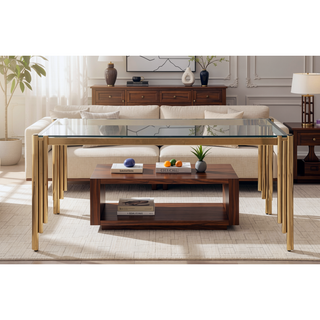 Sunvega Modern Dining Table with Tempered Glass Top and Golden Metal Frame