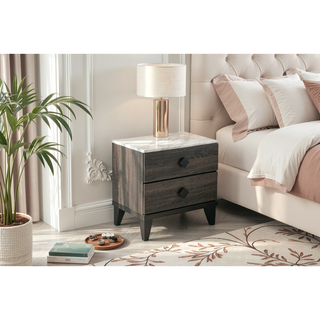 Sunvega Cream Oak Nightstand with Faux Marble Top and Rustic Wood Accents