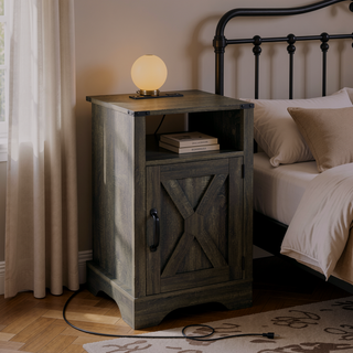 Sunvega White Oak Farmhouse Nightstand with Charging Station and Ample Storage