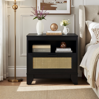 Sunvega Modern Cane Nightstand with Drawer and Open Cubby for Bedroom