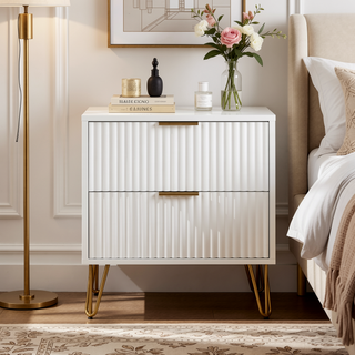 Sunvega Modern Glam Nightstand with Gold Metal Handles and Splayed Legs for Bedroom