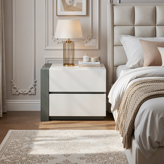 Sunvega Modern White Lacquer Nightstand Table with 2 Drawers for Bedroom