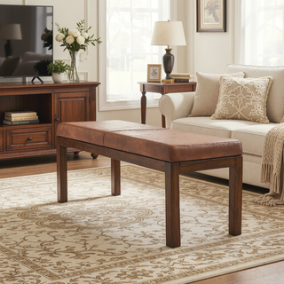 Sunvega Mid-Century Modern Austin Antique Tan Leather Upholstered Bench with Tapered Legs