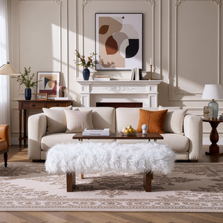 Sunvega White Khaki Fur Bench with Walnut Frame for Ottoman or Seating