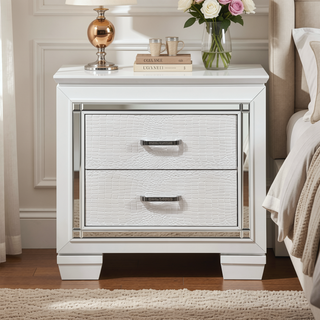 Sunvega Silver Faux Alligator Embossed Nightstand with 2 Dovetail Drawers and LED Lighting