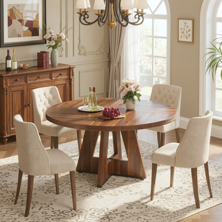 Sunvega 47 Inch Round Wood Dining Table with Walnut Finish for 4-6 Seating