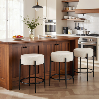 Sunvega Mid-Century Modern Kitchen Stools Set of 4 with White Boucle Upholstery and Metal Base