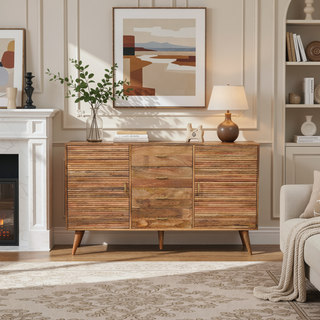 Sunvega Solid Mango Wood Nordic Chest with 4 Drawers and Storage Shelves