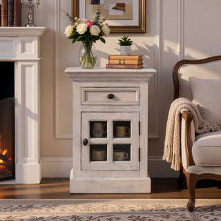 Sunvega Glazed Stone Bedside Table with Drawer and Storage in Acid Wash White