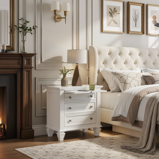 Sunvega Cream White Cottage-Inspired 3-Drawer Nightstand with Slide-Out Tray