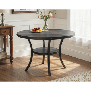 Sunvega Espresso Wood Round Dining Table with Brass Nail-heads and Metal Legs