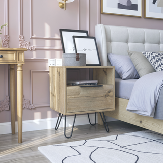 Sunvega Light Oak Nightstand with Hairpin Legs, Single Door Cabinet and Drawer for Bedroom