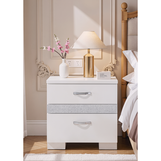 Sunvega White High Gloss Finish Nightstand with Three Felt-Lined Drawers and Metal Handles